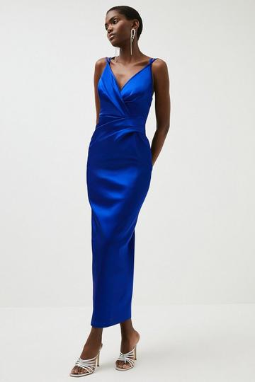 Cobalt Blue Italian Structured Satin Strappy Tailored Maxi Dress
