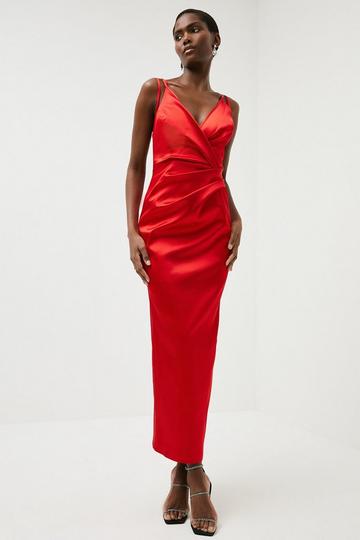 Red Italian Structured Satin Strappy Tailored Maxi Dress