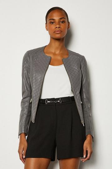 Grey Leather Quilted Moto Jacket