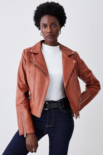 Leather Signature Moto Jacket dark tan