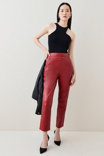 Red Leather Button Detail Pants