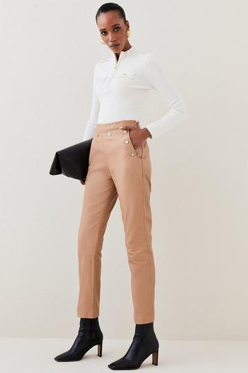 Leather Button Detail Pants tan