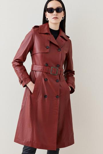 Leather Trench Belted Mac Coat red