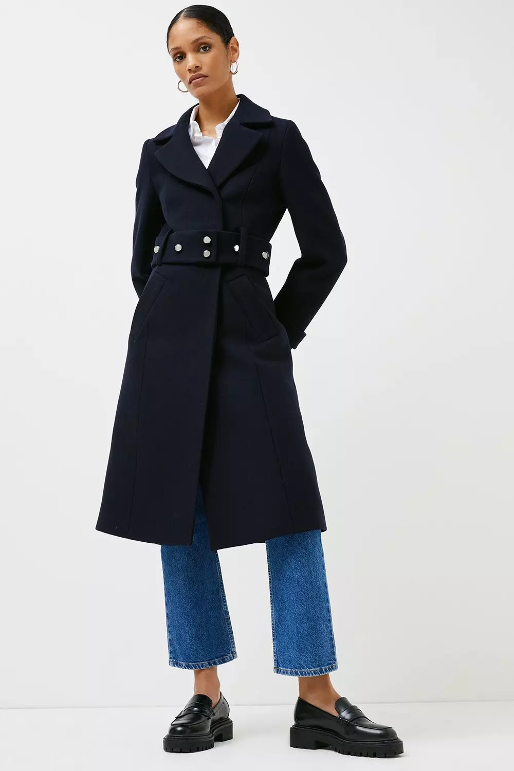 Italian Wool Blend Stud Belted Coat Karen Millen