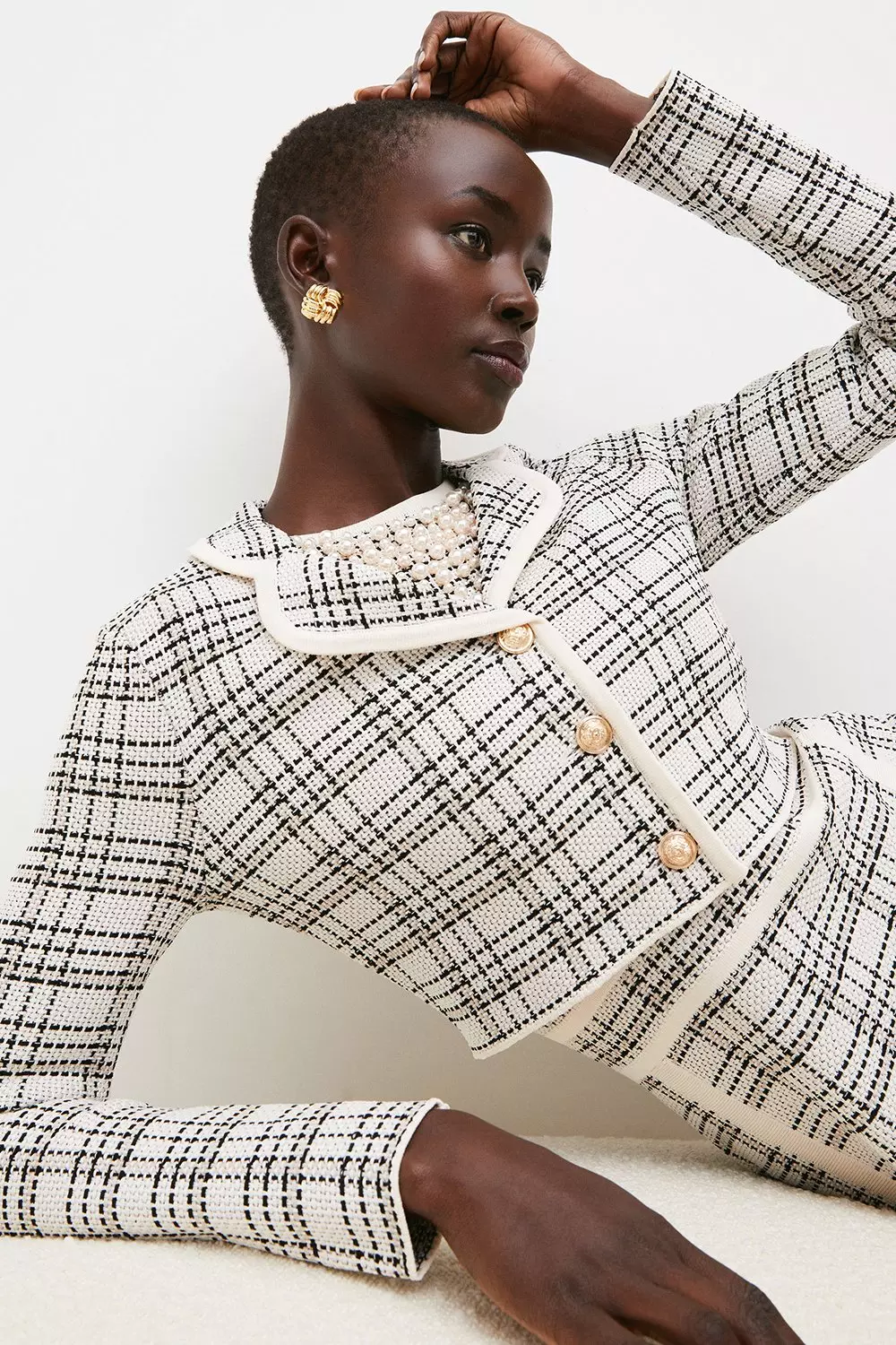 Textured Check Knit Crop Jacket Karen Millen