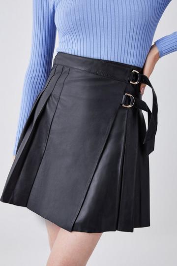 Leather Pleated Buckle Kilt Skirt black