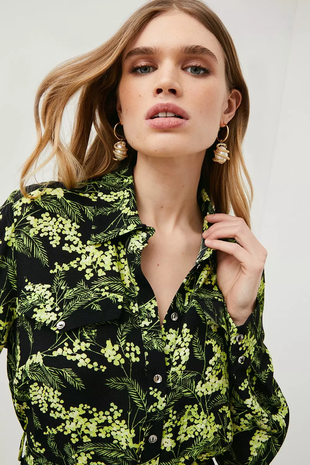 Yellow Floral Woven Shirt Midi Karen Millen