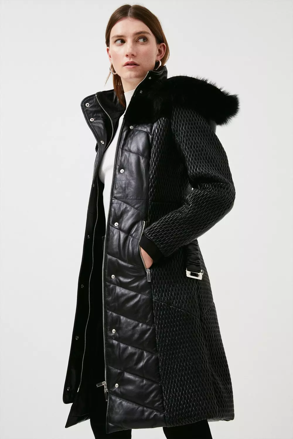 Leather puffer coat with fur trim hotsell