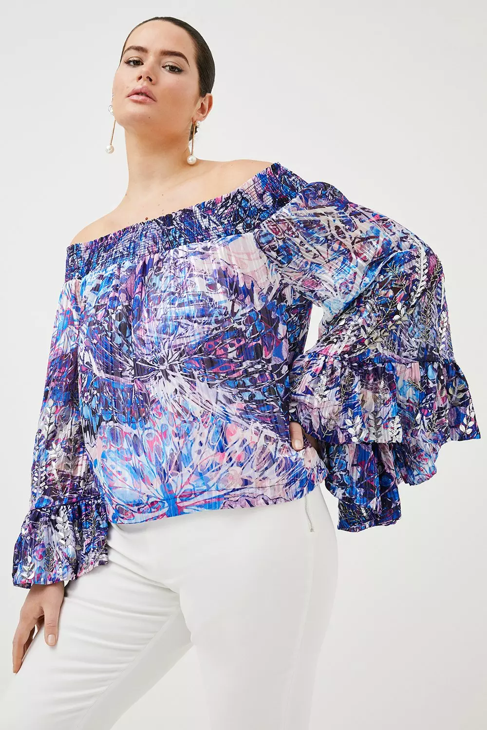 Off Shoulder Flare Sleeve Beading Sweater