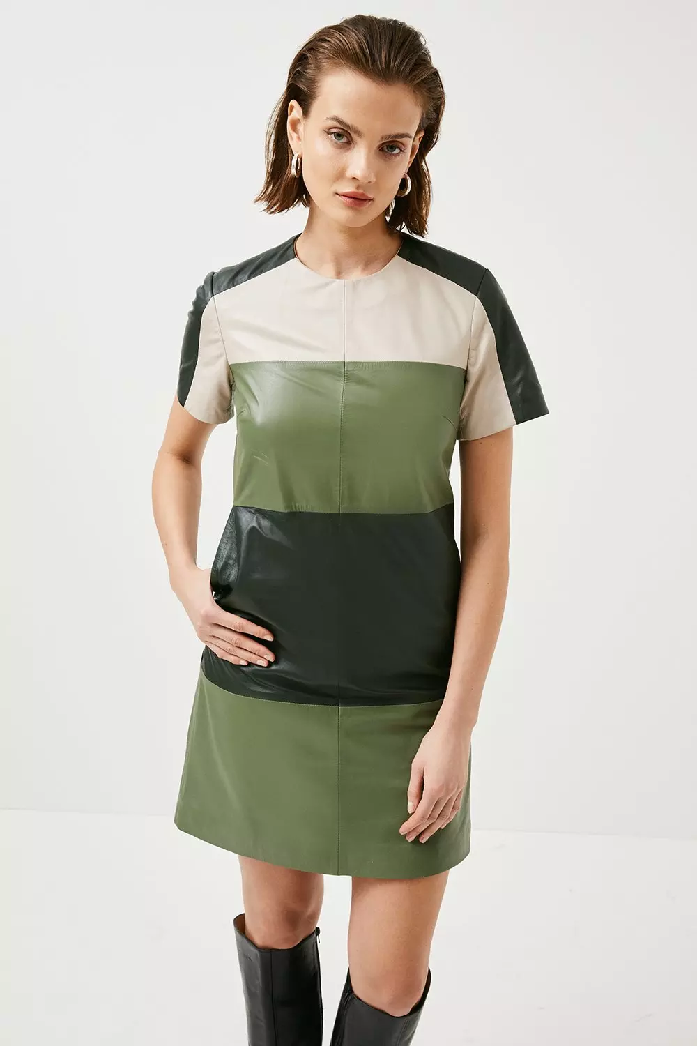 Leather Colourblock Shift Mini Dress Karen Millen