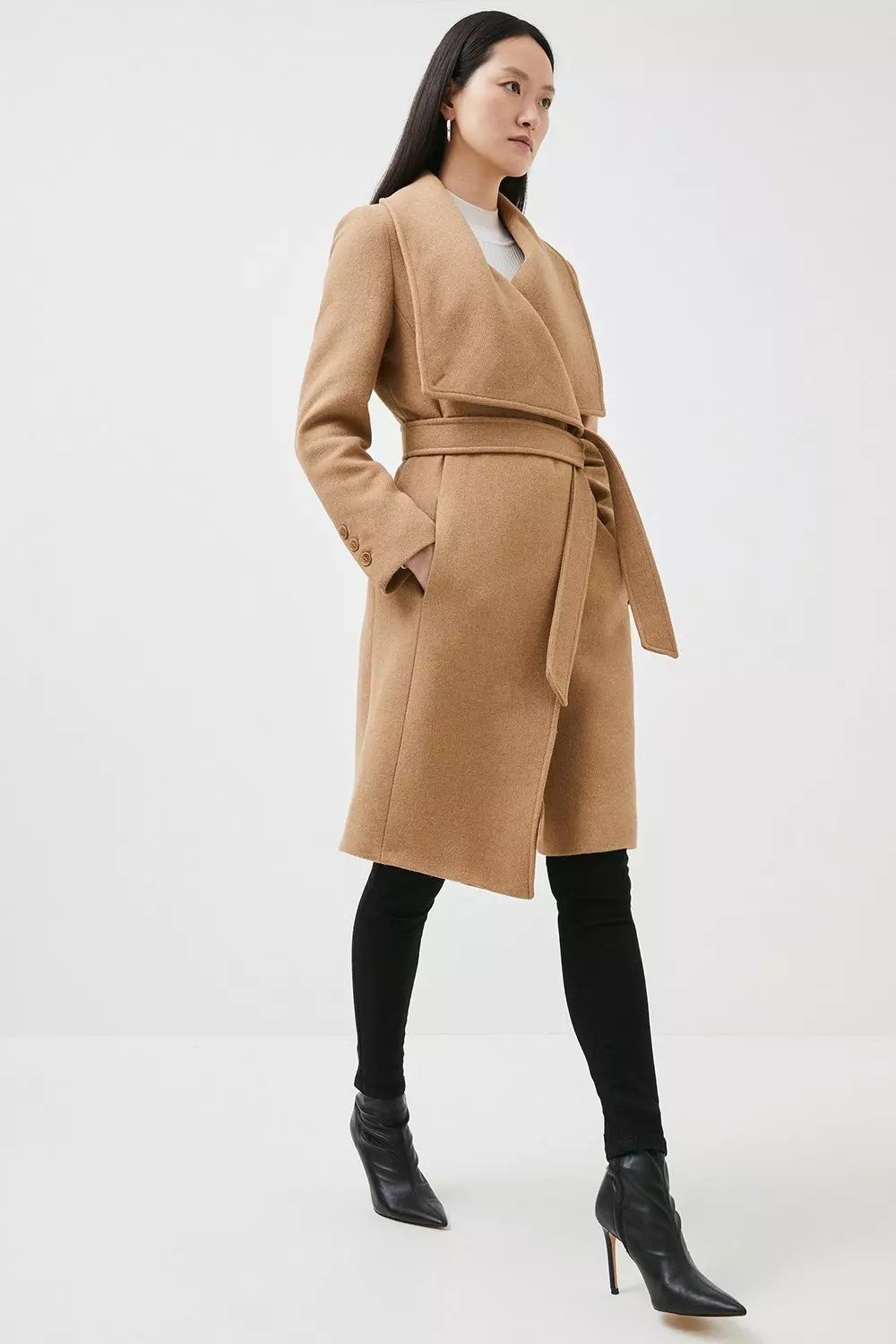 Camel belted wrap coat on sale