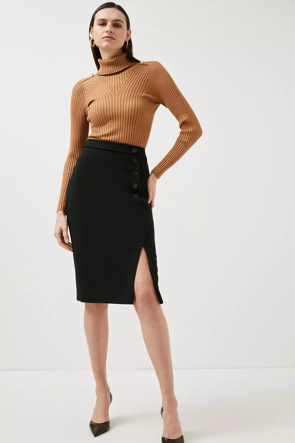 Compact Stretch Button Detail Pencil Skirt Karen Millen