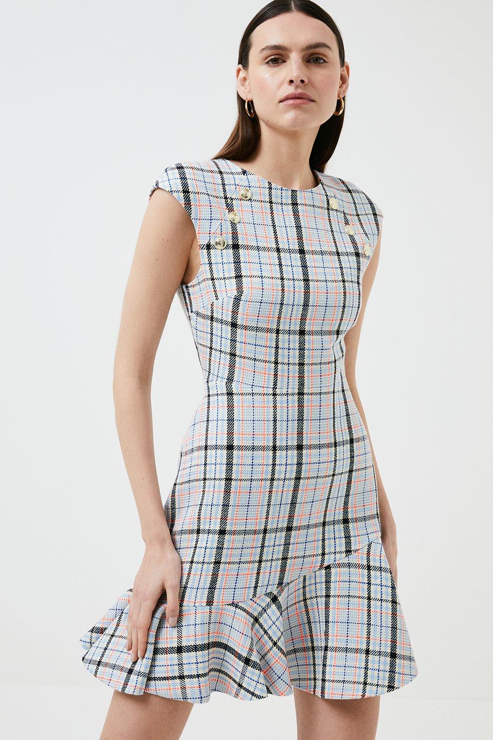 Cotton Blend Check Tweed Flippy Hem Mini Dress | Karen Millen