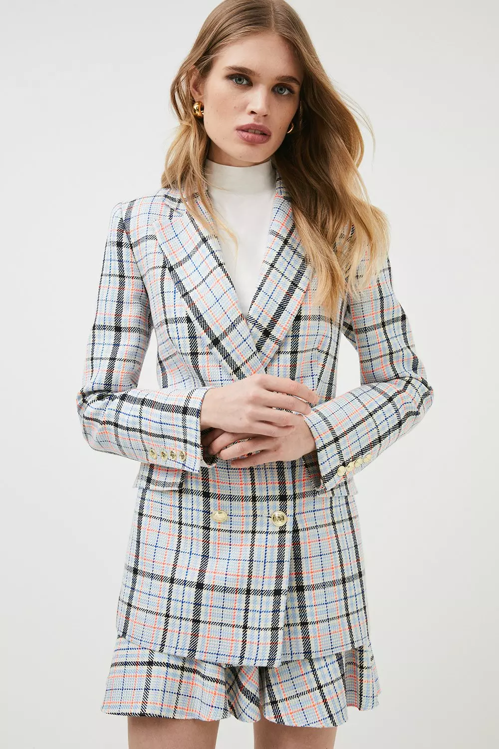 Cotton Blend Check Tweed Longline Blazer Karen Millen