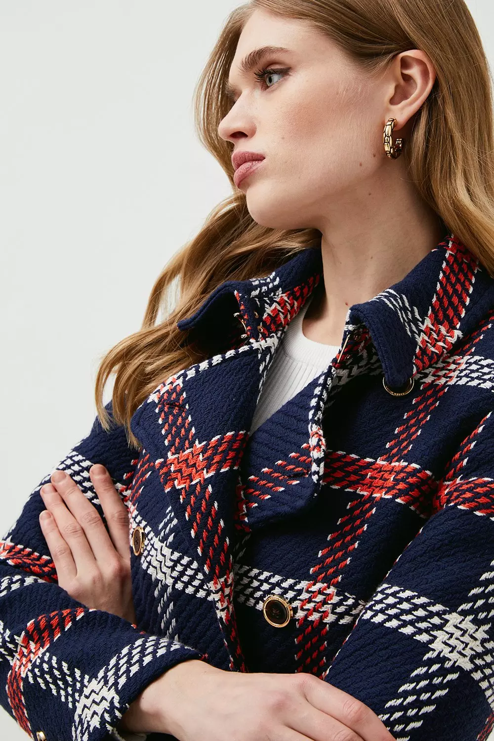 Cotton Tweed Belted Check Coat Karen Millen