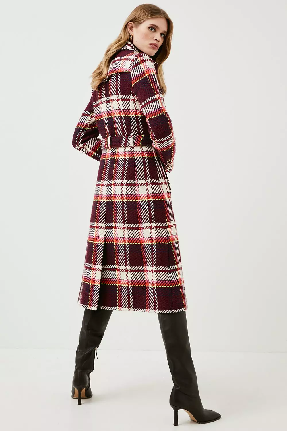 EENK◆Multi Check Tied Long Coat Multi color◆新商 Neon Cotton Tweed Check Belted Trench Coat | Karen Millen