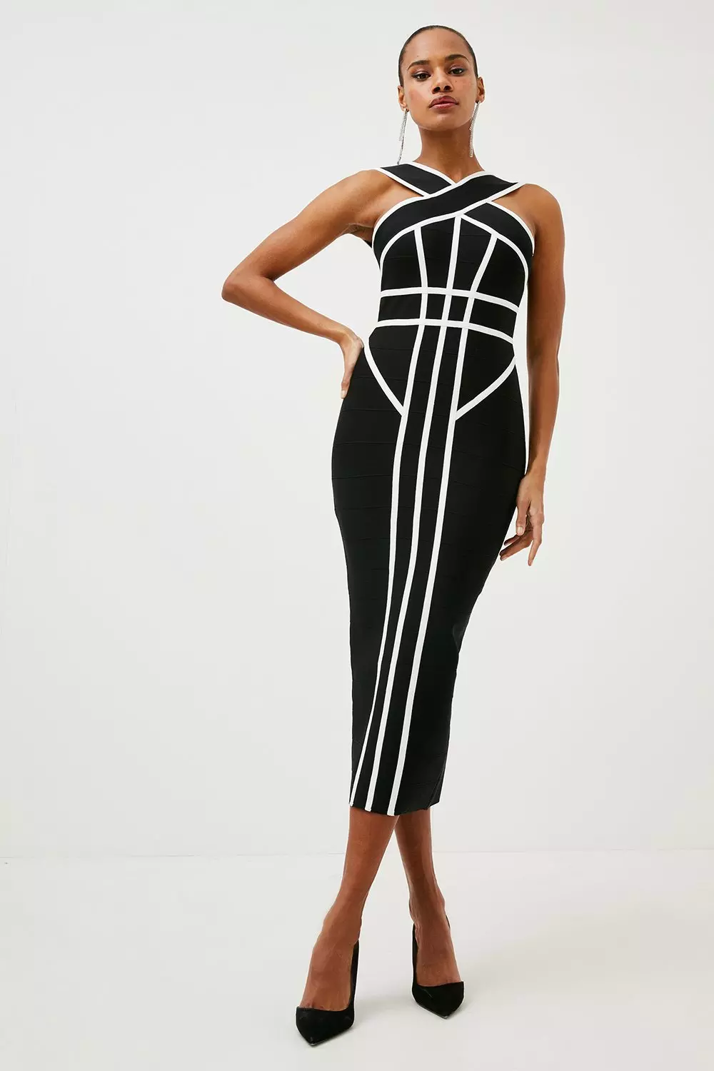 Bandage Knit Contrast Cross Front Dress Karen Millen