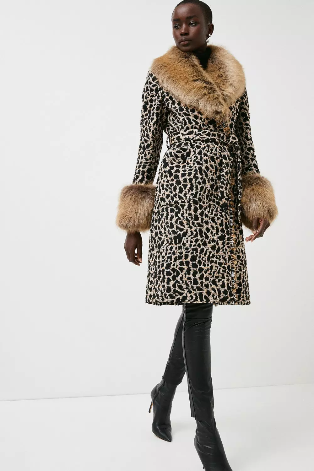 Italian Animal Sparkle Jacquard Fringed Coat Karen Millen