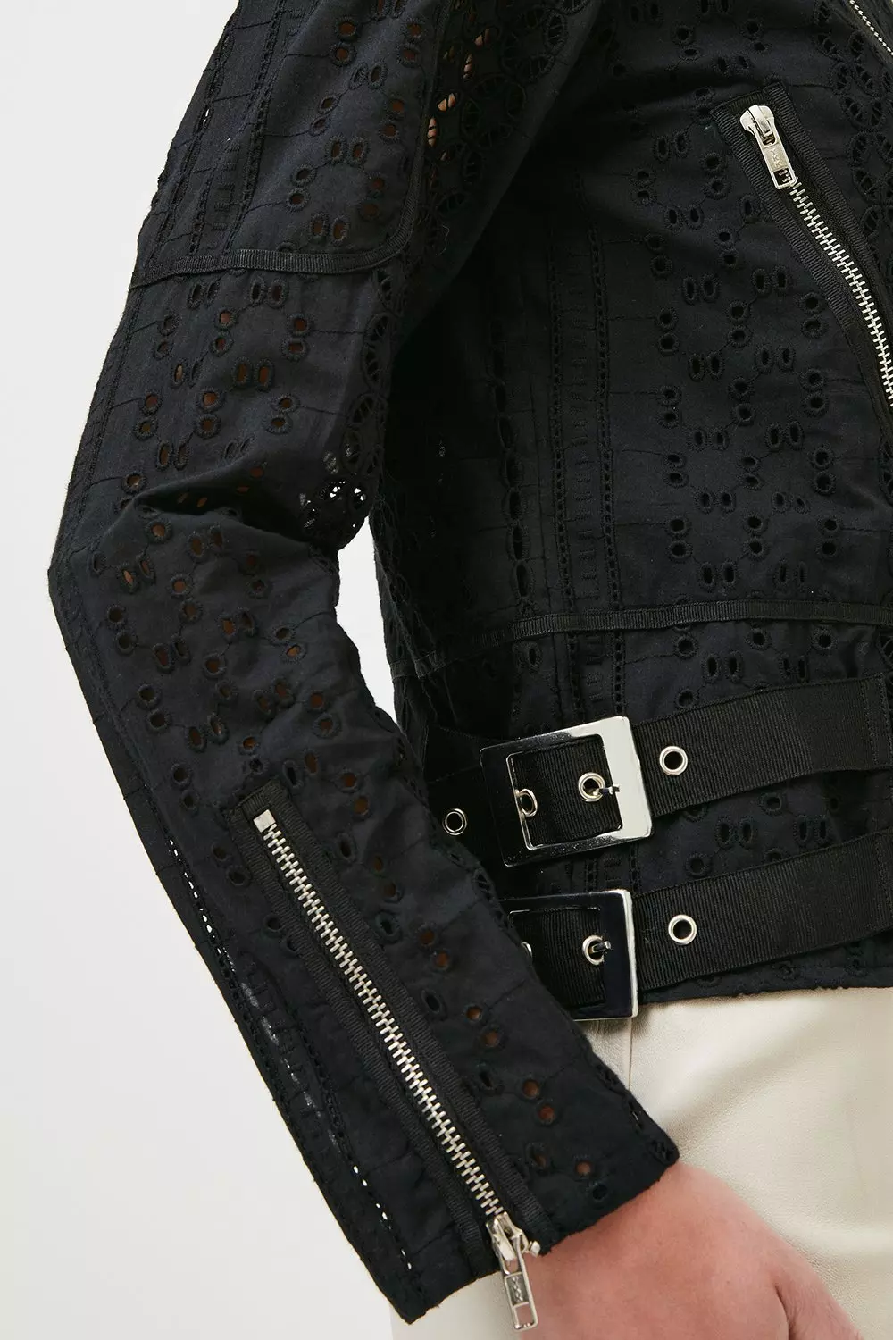 Broderie Woven Zip Biker Jacket | Karen Millen