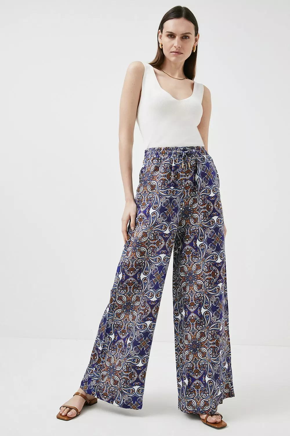 【関税&送料込】Palm Angels Printed Linen Blend Wide-Leg Pan Petite Linen-Blend Palm Print Cropped Wide Leg Pant | White
