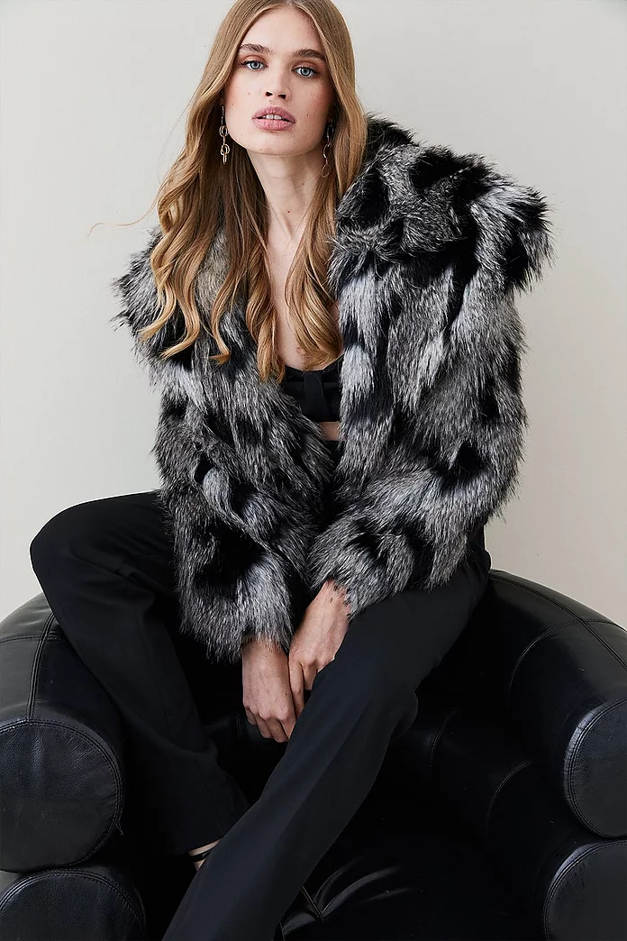 Shawl Collar Patched Pile Faux Fur Coat | Karen Millen Shawl Collar Patched Pile Faux Fur Coat | Karen Millen