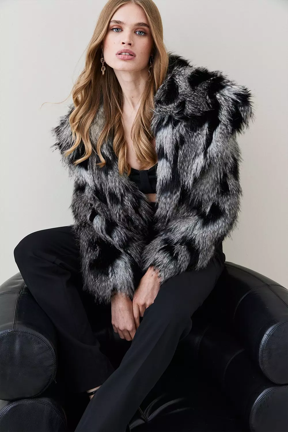 Shawl Collar Patched Pile Faux Fur Coat Karen Millen