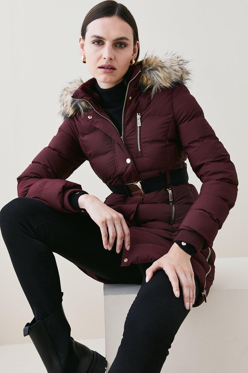 Vinyl faux fur hooded belted puffer jacket sale