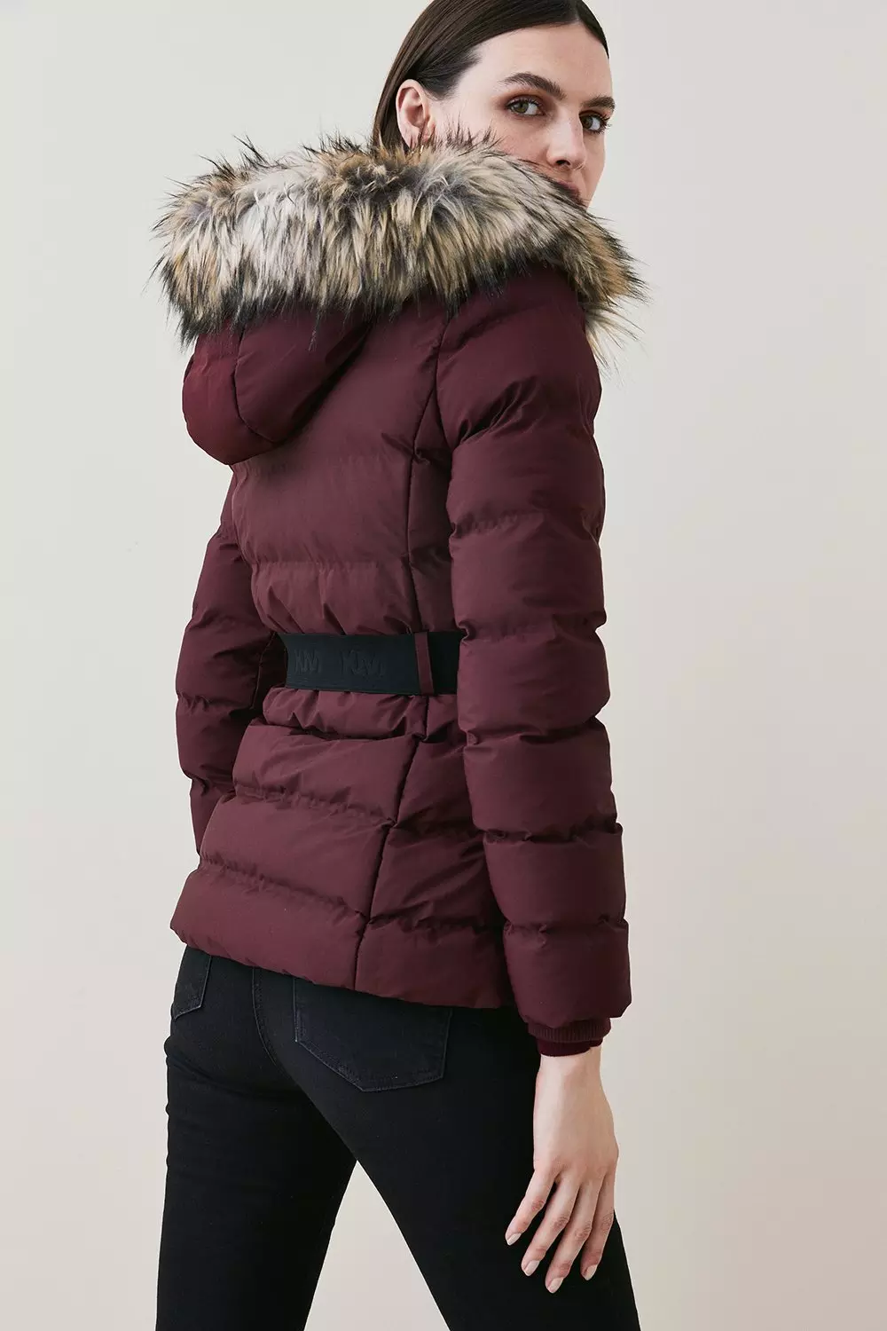 Belted Puffer Faux Fur Short Hooded Coat Karen Millen