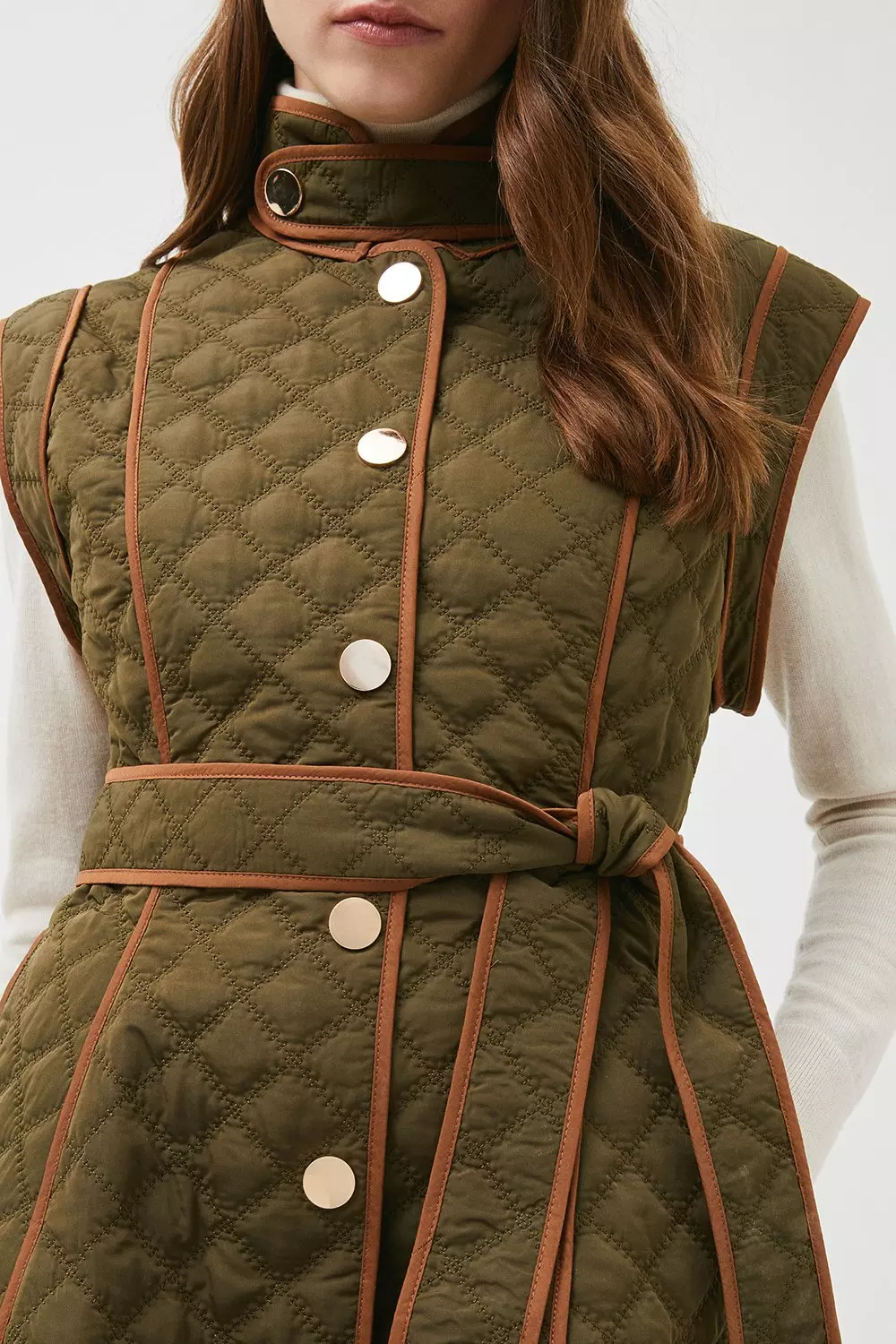 Short Peplum Hem Belted Quilt Vest | Karen Millen