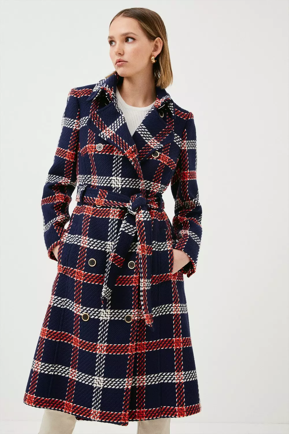 Petite Cotton Tweed Check Belted Coat Karen Millen