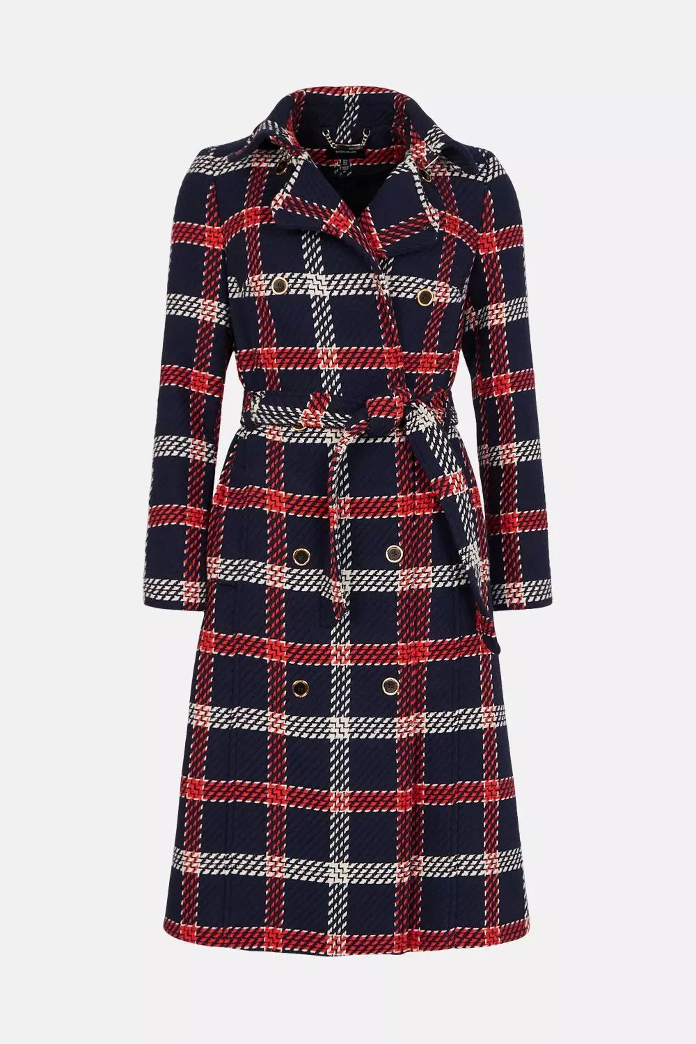 Petite Cotton Tweed Check Belted Coat Karen Millen