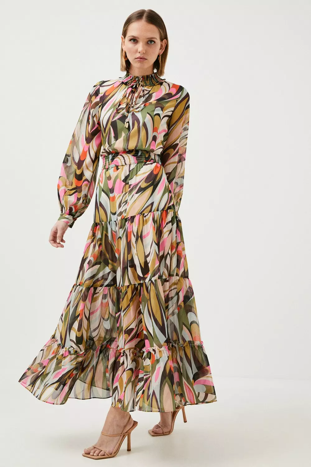 Petite Kaleidoscope Shirred Woven Maxi Dress Karen Millen