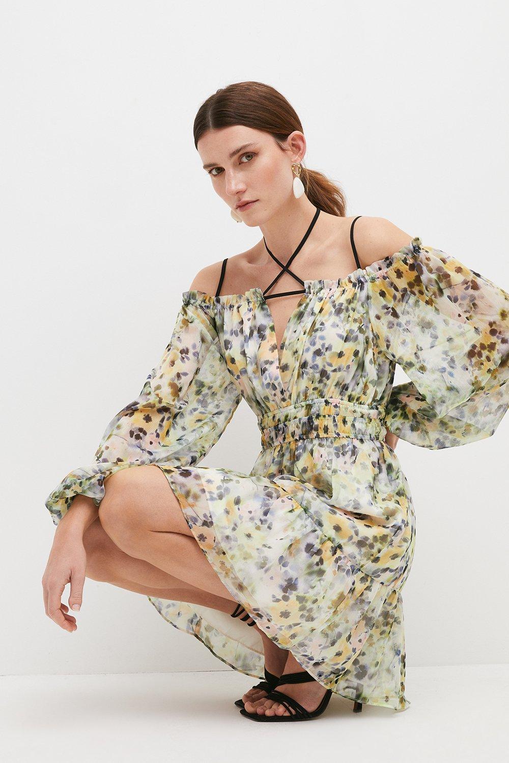 Floral Print Off The Shoulder Woven Mini Dress Karen Millen