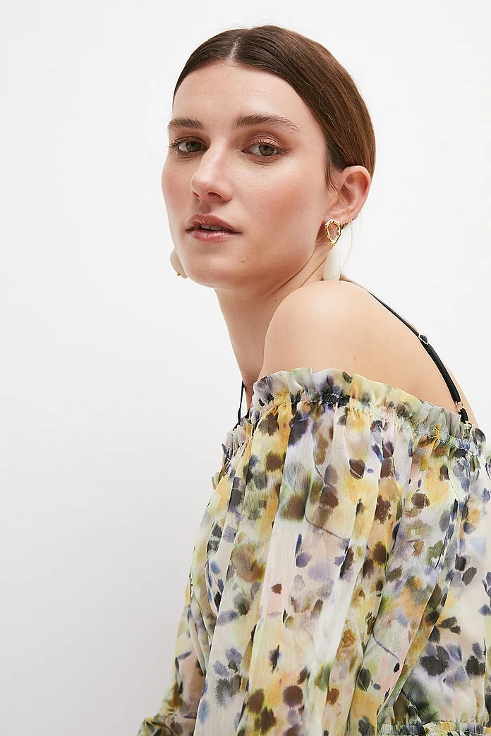 Floral Print Off The Shoulder Woven Mini Dress | Karen Millen Floral Print Off The Shoulder Woven Mini Dress | Karen Millen