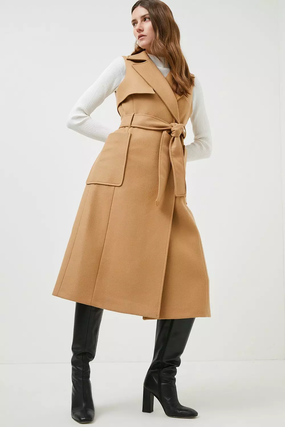 完売品】アンリアン unliens / short trench gilet Petite Nylon & Woven Mix Belted Full Skirt Trench Coat