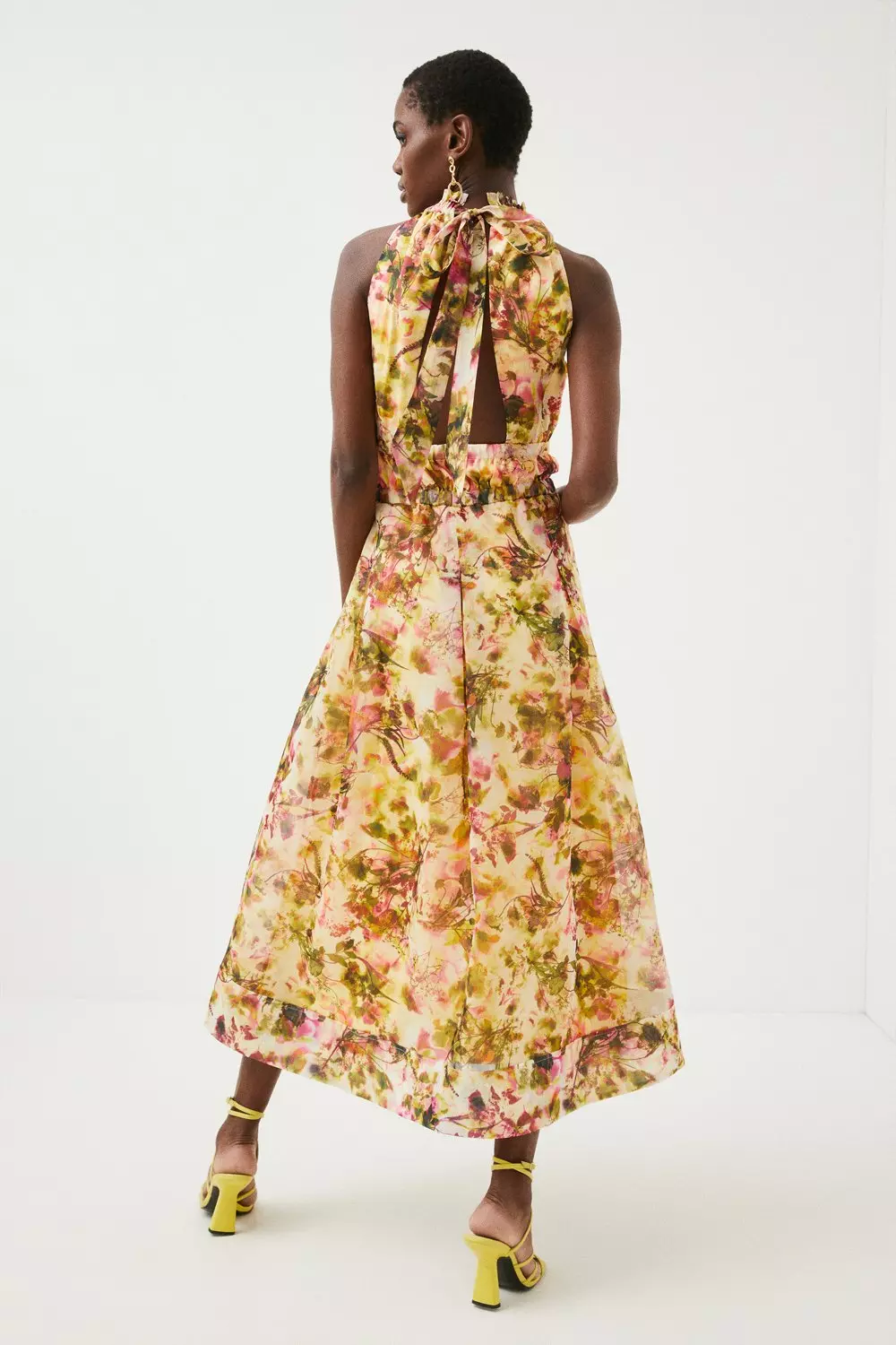 Floral Organdie Shirred Halterneck Midi Dress | Karen Millen