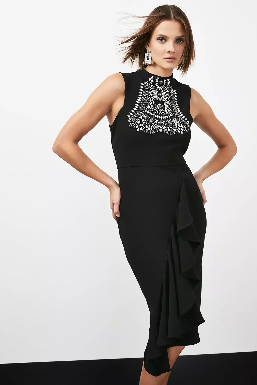 Black Embellished Ruffle Figure Form Crepe Midi Dress alternative image