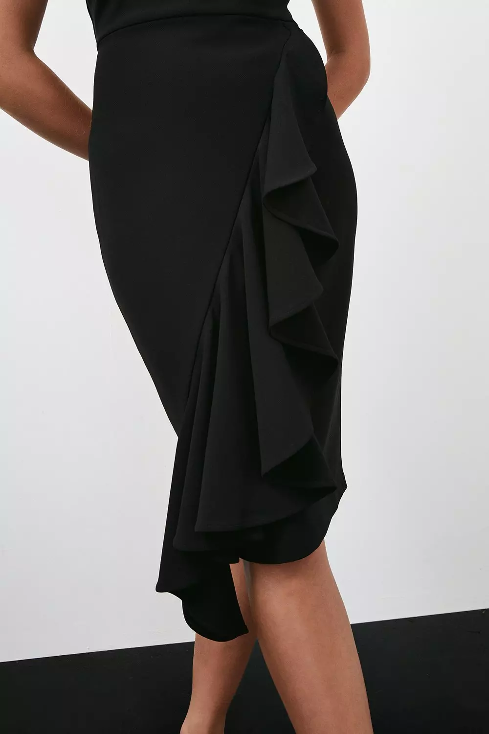Black Embellished Ruffle Figure Form Crepe Midi Dress alternative image
