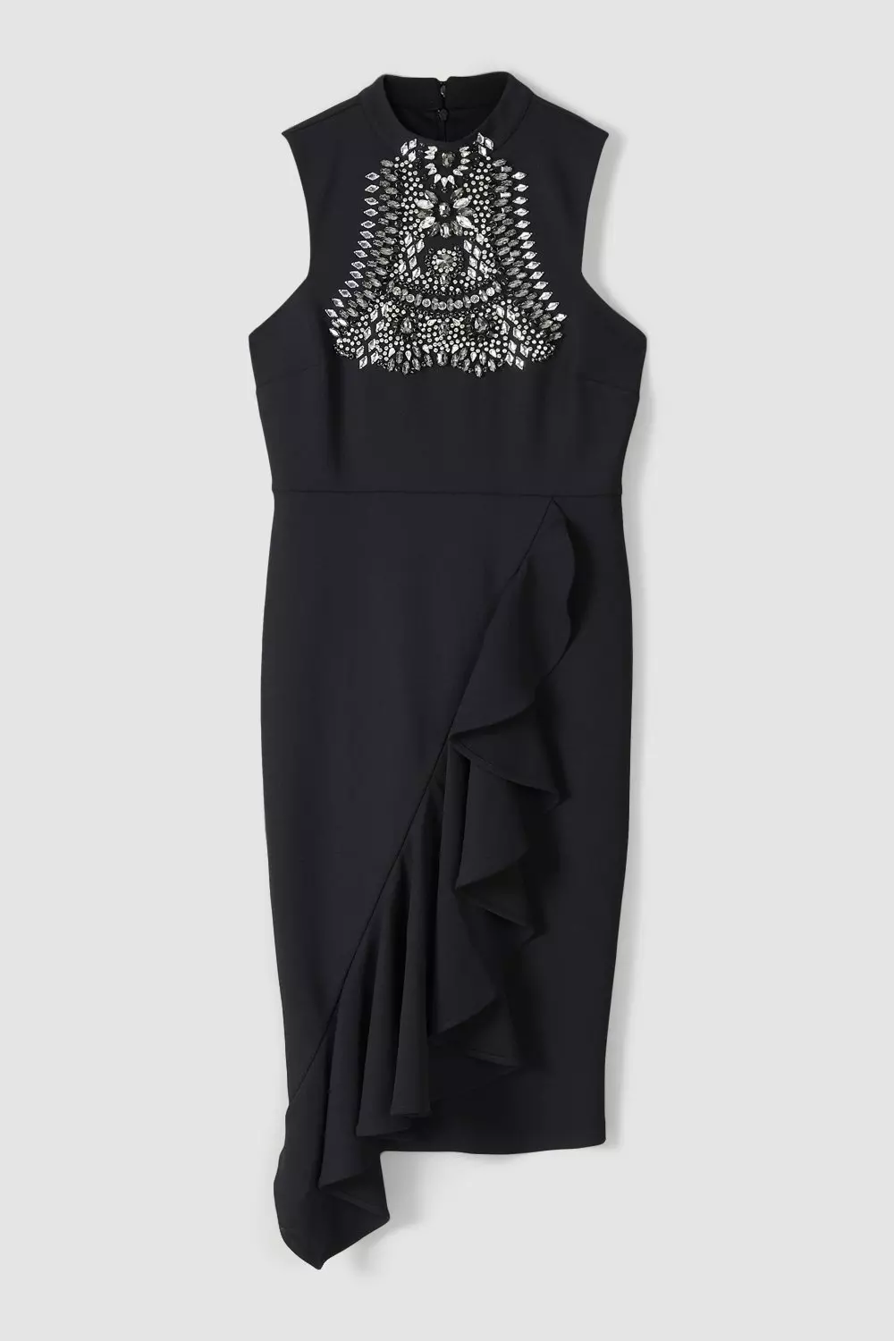 Black Embellished Ruffle Figure Form Crepe Midi Dress alternative image