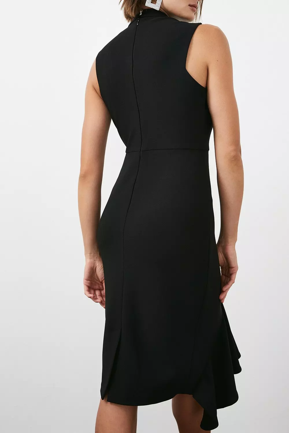Black Embellished Ruffle Figure Form Crepe Midi Dress alternative image