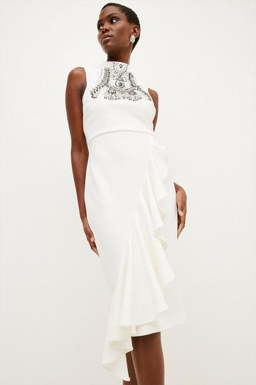 Cream White Embellished Ruffle Figure Form Crepe Midi Dress