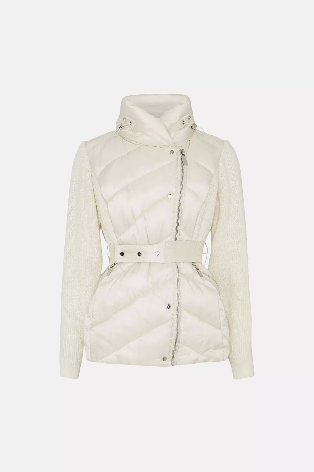 Wool Blend Knit Sleeve Puffer Belted Jacket | Karen Millen