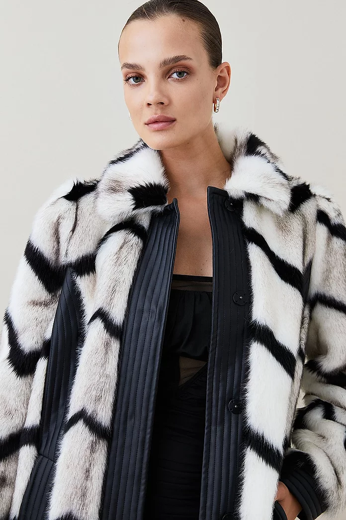 Panelled Stripe Faux Fur Pu Belted Long Coat | Karen Millen Panelled Stripe Faux Fur Pu Belted Long Coat | Karen Millen