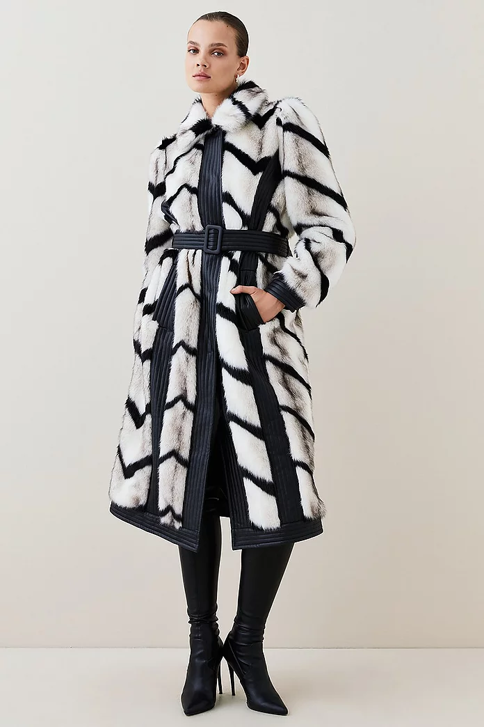 Panelled Stripe Faux Fur Pu Belted Long Coat | Karen Millen Panelled Stripe Faux Fur Pu Belted Long Coat | Karen Millen