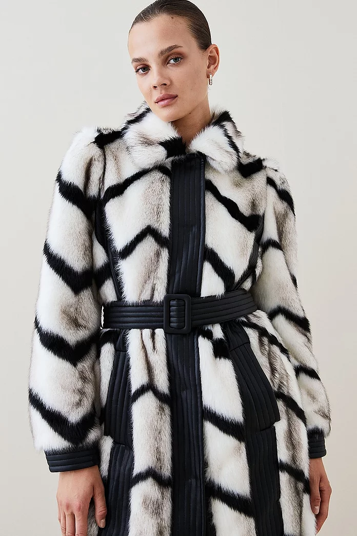 Panelled Stripe Faux Fur Pu Belted Long Coat | Karen Millen Panelled Stripe Faux Fur Pu Belted Long Coat | Karen Millen