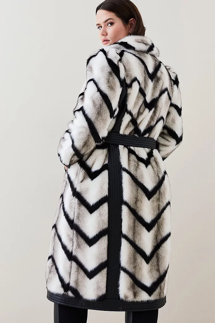 Plus Size Panelled Stripe Faux Fur Pu Belted Coat | Karen Millen Plus Size Panelled Stripe Faux Fur Pu Belted Coat | Karen Millen