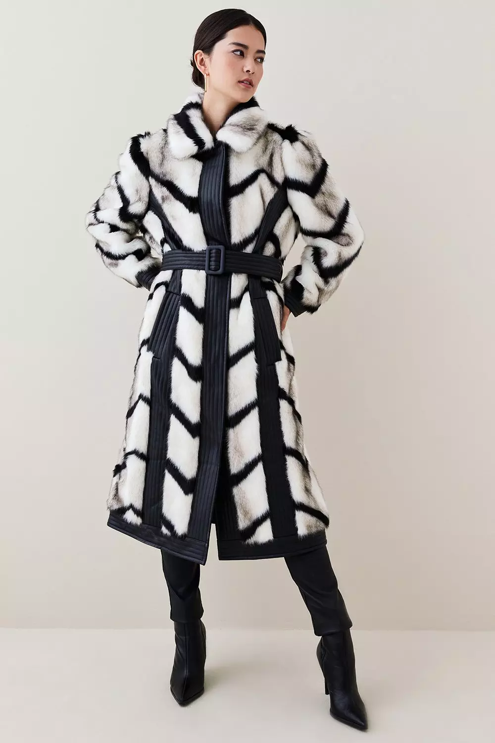 Petite Panelled Stripe Faux Fur Pu Belt Coat Karen Millen