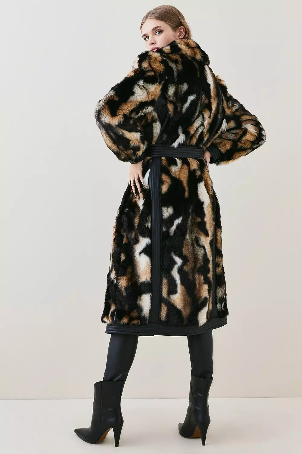 Panelled Mixed Faux Fur Pu Belted Long Coat Karen Millen