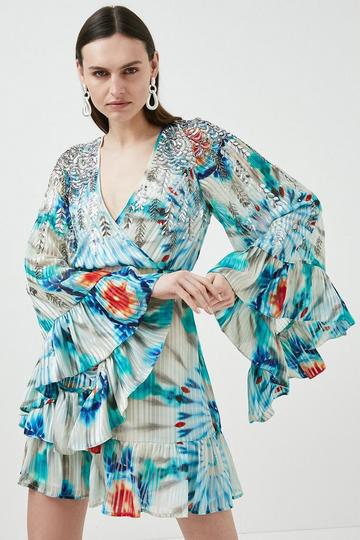 Tie Dye Bead Embellished Woven Mini Drama Kimono blue
