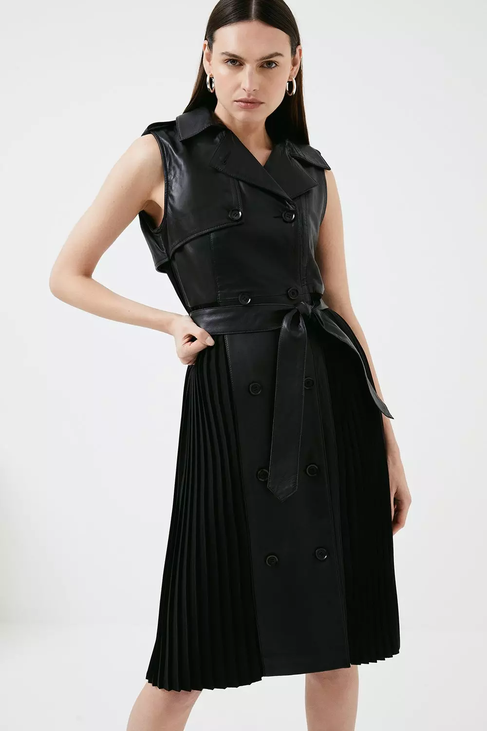 Leather Mix Pleated Sleeveless Trench Coat | Karen Millen